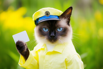 Portrait of a Siamese cat with striking blue eyes wearing a yellow costume outdoors