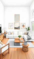 Fototapeta premium Cosy and stylish interior design of living room with modular white sofa, wooden furnitures, paintings on the wall, decorations, windowsill and personal accessories. Home styling. Template, one line 