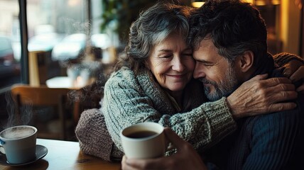 Cozy Mother's Day moment: adult son and mother share warm embrace in cafe during heartfelt celebration, Photo stylization