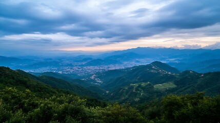 Fototapeta premium Breathtaking Mountain Landscape at Twilight with Lush Greenery and City Below : Generative AI