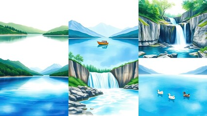 Serene Lake Waterfall Landscapes Nature Scenery Boats Birds Mountains Water