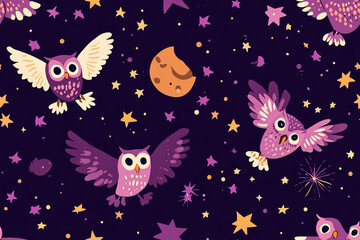 Charming pattern with flying owls, stars and moon in purple shades, patterns
