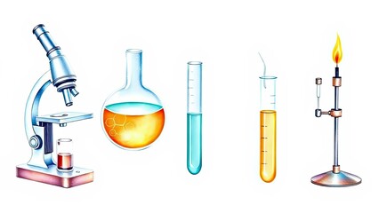 Science Lab Equipment Microscope Flasks Test Tubes Bunsen Burner