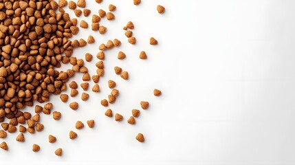 Scattered Cat Food Kibbles on White Background with Copy Space