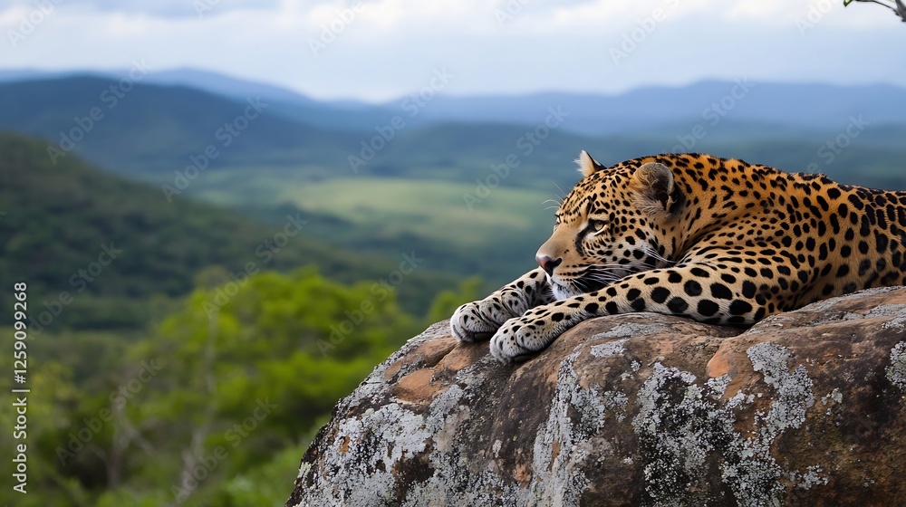 Poster majestic leopard resting on rock with stunning landscape background representing wildlife and nature