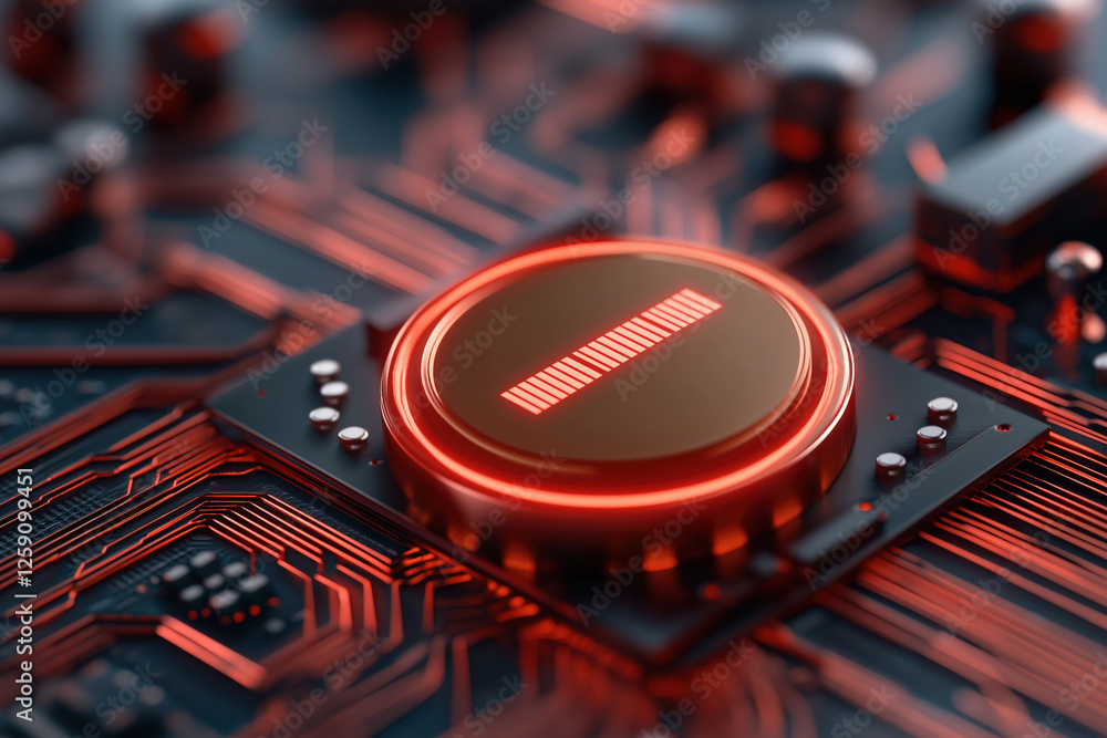 Poster close-up view of modern circuit board with illuminated red elements and detailed design