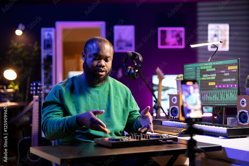 Leinwandbilder sound designer presenting all controls on a mixing console during master class lesson on an online v