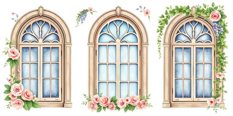 Obraz premium Elegant Arch Windows with Roses Vines Floral Design Home Decor