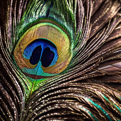 Obraz premium Patterns on bird feathers featuring a peacock feather with brilliant blue and green hues