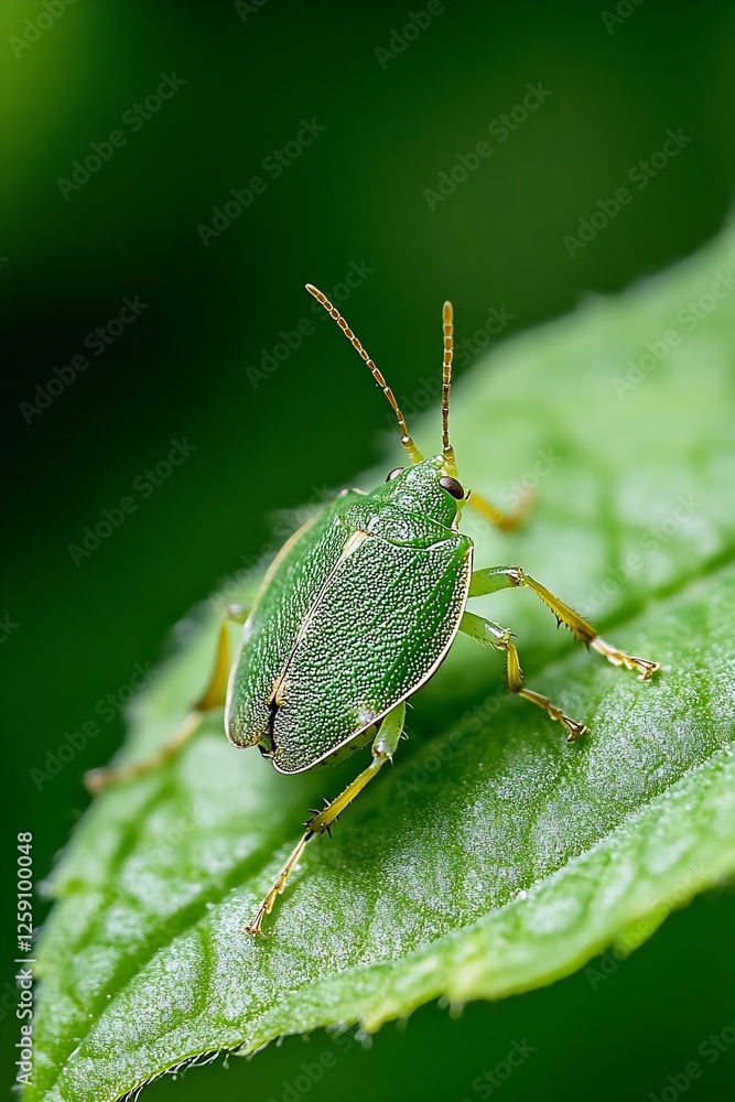 Poster close-up view of a vibrant green bug perched on a leaf showcasing its detailed texture and anatomy :