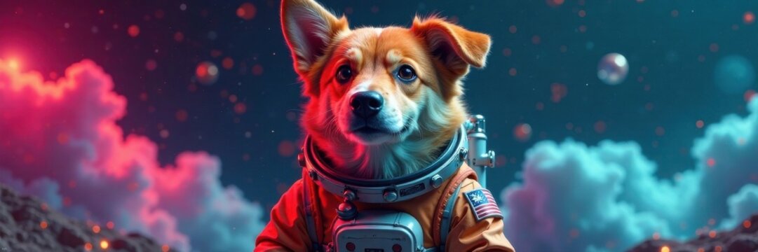 Cosmonaut canine with oxygen supply, oxygen tank, equipment, survival