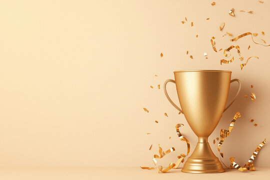 Celebration of achievement with a golden trophy and confetti backdrop