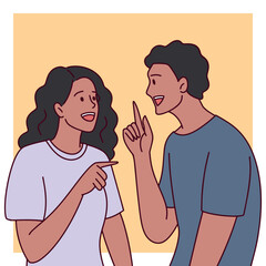 Happy Black Couple Conversing. A cheerful Black man and woman chat and laugh on a yellow background with a white frame.