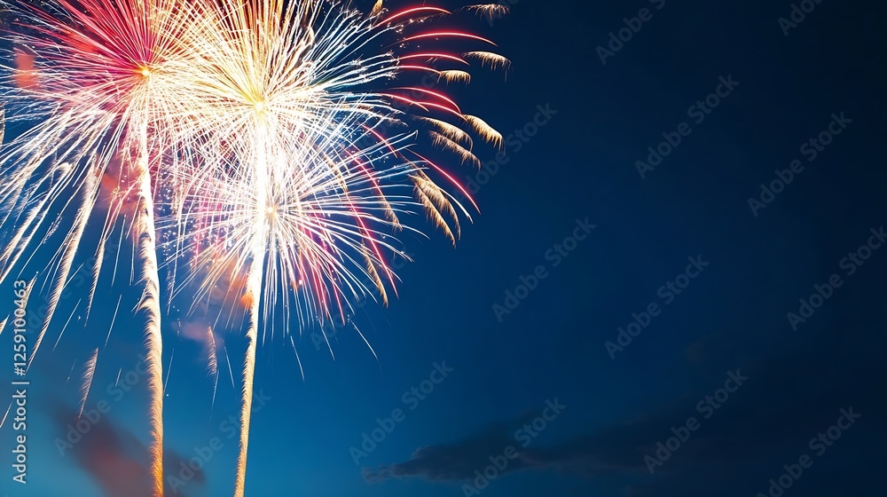 Poster vibrant fireworks display lighting up the night sky over a colorful backdrop : generative ai