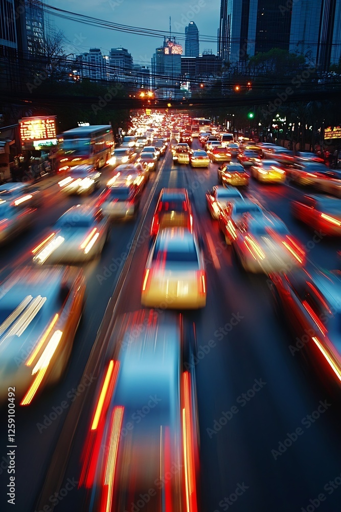 Poster dynamic urban night traffic with blurred movement and colorful lights : generative ai