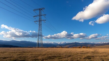Wide Open Landscape with Power Lines Against a Backdrop of Blue Sky and Clouds : Generative AI