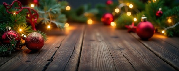 Decorated wooden table with Christmas tree ornaments and lights, candles, snowflakes, Christmas decorations