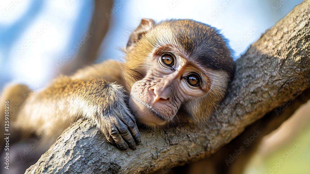 Poster Adorable Monkey Relaxing on Branch with Expressive Eyes and Playful Nature : Generative AI