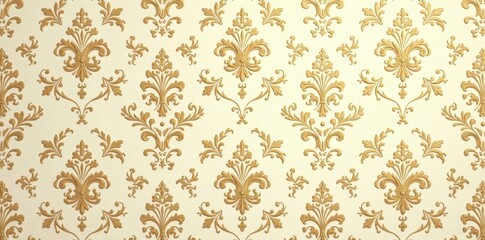 Damask pattern with gold and cream colors on a neutral beige background, intricate floral motifs, design, floral, damask