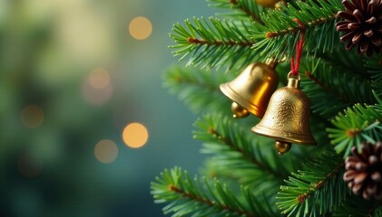 Dangling gold bells amidst evergreen branches and pinecones , christmas, evergreen, pinecones