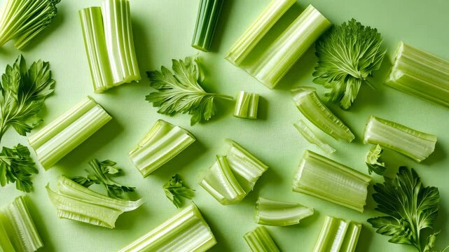 A clean and healthy background of celery stalks and leaves scattered across a bright green surface, emphasizing freshness and a crisp texture.