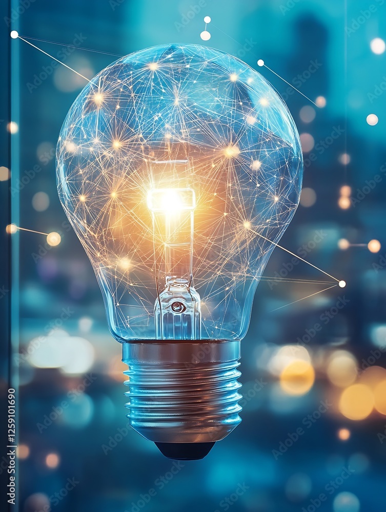 Aufkleber Stylish Light Bulb with Glowing Filament and Abstract Network Design Background : Generative AI
