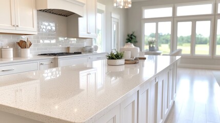 Modern White Kitchen Island, View of Backyard