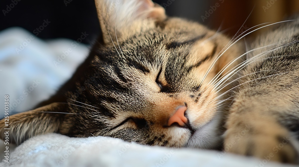 Poster close up of a sleeping tabby cat on a soft blanket in natural light : generative ai