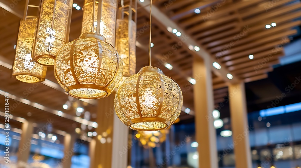 Poster elegant decorative lanterns with warm light shades illuminating modern space : generative ai
