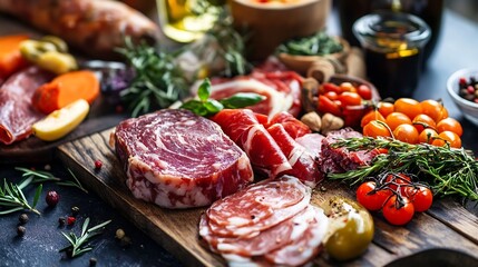 A variety of fresh meats and herbs beautifully arranged on a wooden cutting board ready for a gourmet meal : Generative AI