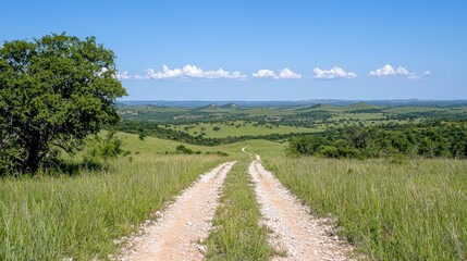 Country road through grassy hills under a clear sky. Scenic view. Possible use Stock photo for travel, landscape, nature, or tourism