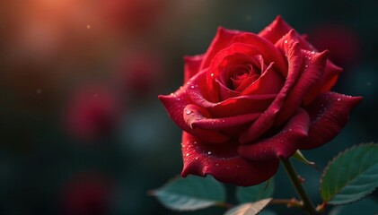 Deep red rose, glistening dew, romantic symbol , macro, love