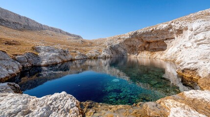 Mountain lake reflection, clear sky, rocky landscape, travel poster