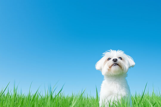 Maltese dog on green grass under blue sky, a cute white pet enjoying the summer outdoor