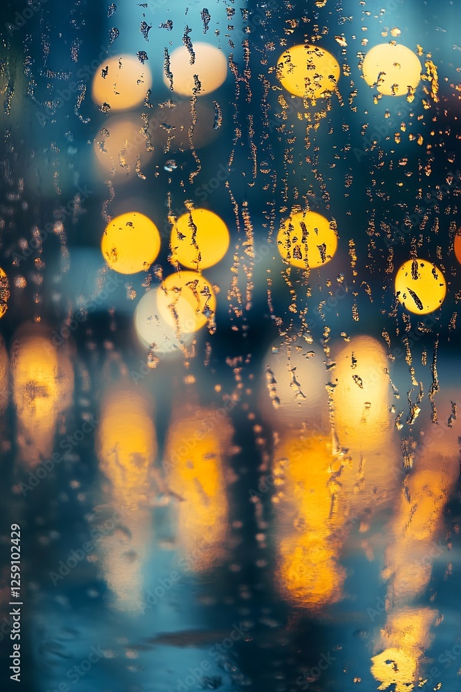 Aufkleber colorful bokeh and raindrops on window pane with blurry city lights : generative ai