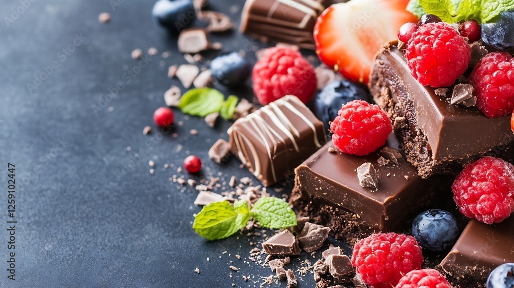 Poster delicious assorted chocolates and berries beautifully arranged on a dark surface showcasing indulgen