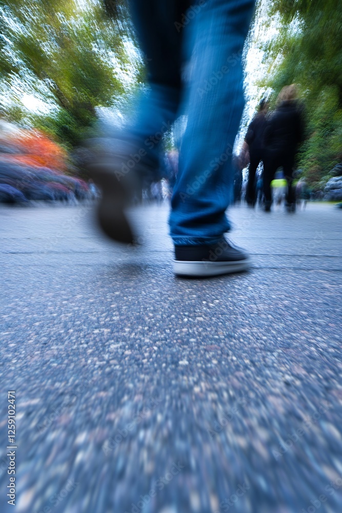Aufkleber Dynamic motion blur of feet walking in urban setting capturing the essence of movement and daily life : Generative AI