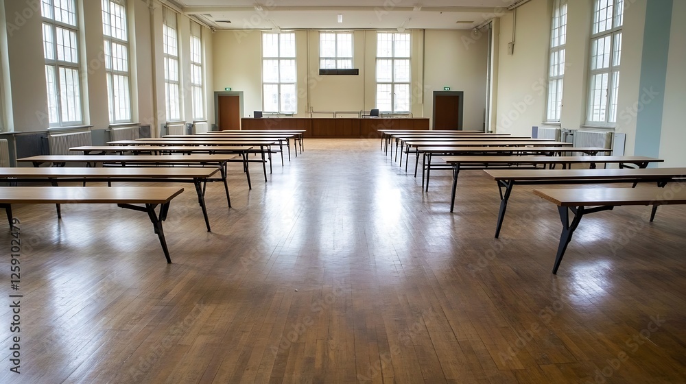 Poster Sleek Empty Classroom with Desks and Natural Light for Educational Environment and Learning : Generative AI