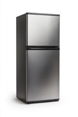 Modern stainless steel mini fridge, isolated white background