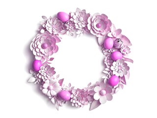 Elegant Easter wreath in papercut style with layered pink flowers and pastel eggs. Ideal for festive decorations, invitations, and greeting cards.