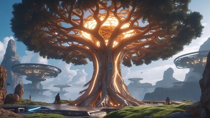 Fototapeta premium Enchanted arboreal realm featuring a luminous, colossal tree surrounded by floating islands under a serene sky at twilight