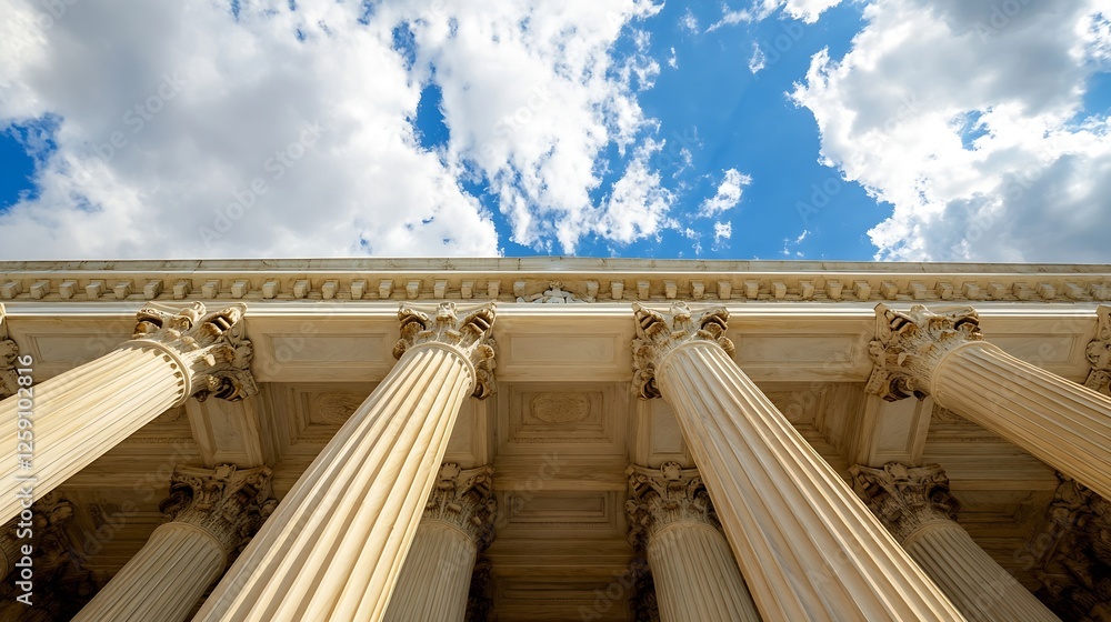 Poster elegant marble columns against a stunning blue sky with fluffy clouds : generative ai