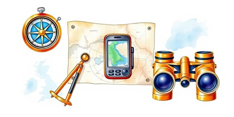 Travel Exploration Map Compass Binoculars GPS