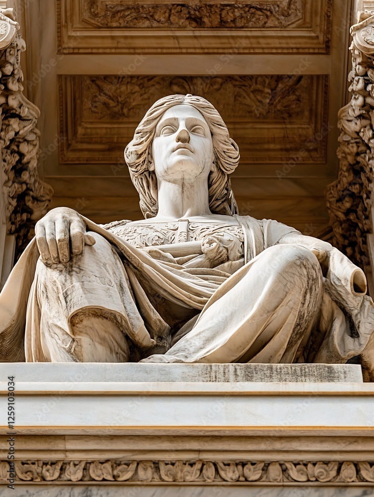 Poster majestic statue representing strength and wisdom in architectural surroundings : generative ai