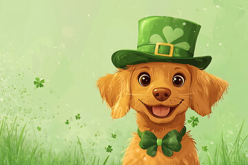 Cheerful golden retriever puppy wearing a green hat and bow tie, surrounded by clovers in a vibrant field