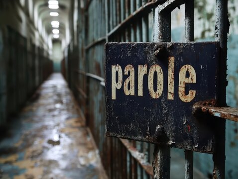 Prison Corridor Featuring Rusted Bars and a Prominent Parole Sign Highlighting Themes of Incarceration and Potential Freedom Within Confined Spaces
