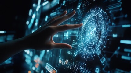 Obraz premium Hand interacting with futuristic holographic interface. (1)