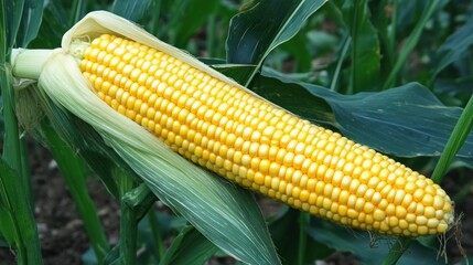 Ripe yellow corn cob in a field.