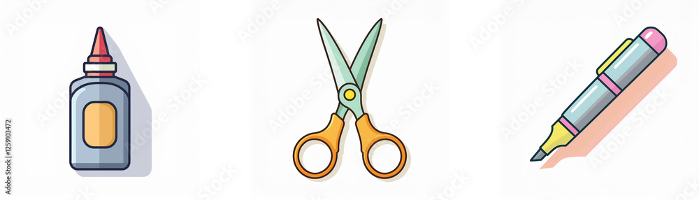 Poster three stationery items displayed: a glue bottle with a red cap, open scissors with orange handles, a