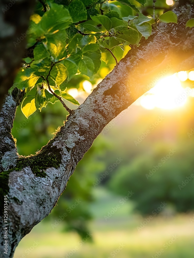 Aufkleber Beautiful Sunlight Filtering Through Green Leaves on Tree Branch with Natural Vibes and Calmness : Generative AI